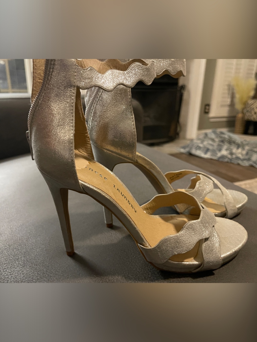 Chinese Laundry Metallic Silver Scallop Ankle Strap Stiletto Sandals